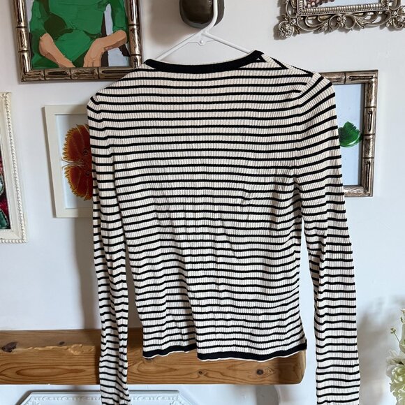 Zara Knit Black & White Striped Ribbed Cardigan with Ruffle Sleeves - Picture 7 of 8